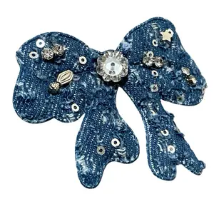 Dark Denim Rhinestone Bow Sew-On Patches - Textile Sewing Embellishment Accessory for Women’s Tops, Embroidery Sweatshirts