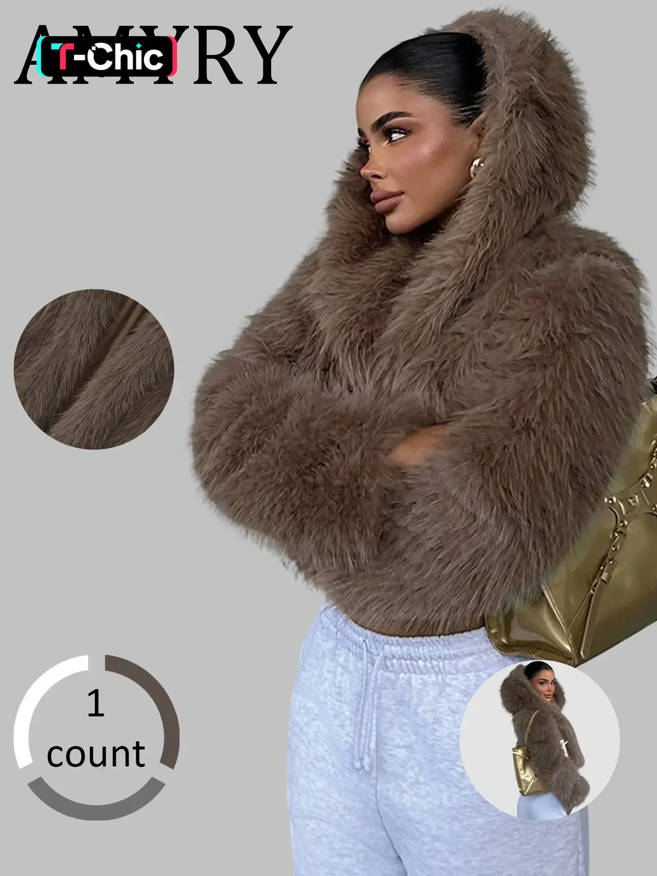 Women's Casual Faux Fur Hooded Jacket, Winter Warm Thick Short Coat, European Style, Trendy Outerwear for Fall & Winter