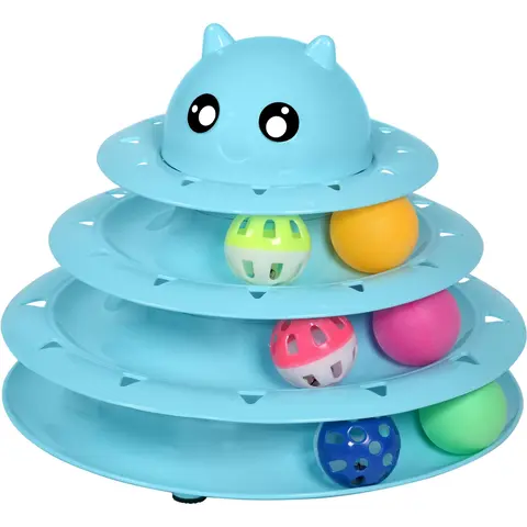 UPSKY Universal Polypropylene Plastic Multi-Level Cat Turntable Roller Toy with 6-Color Automatic Rolling Ball, Ball/Chaser, Interactive Kitten Mental Puzzle Play Toy, Stimulates Activity, Solid/Gradient Colors, 20pcs-Blue & 24PCS Accessory Bundles