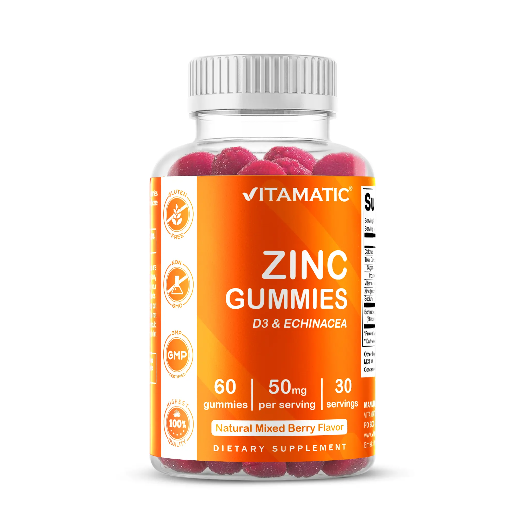 Vitamatic Chewable Zinc 50mg Gummies - 60 Vegan, Gluten-Free Vitamins with D3, Echinacea, Natural Mixed Berry Flavor - Adult Immune Support Supplement