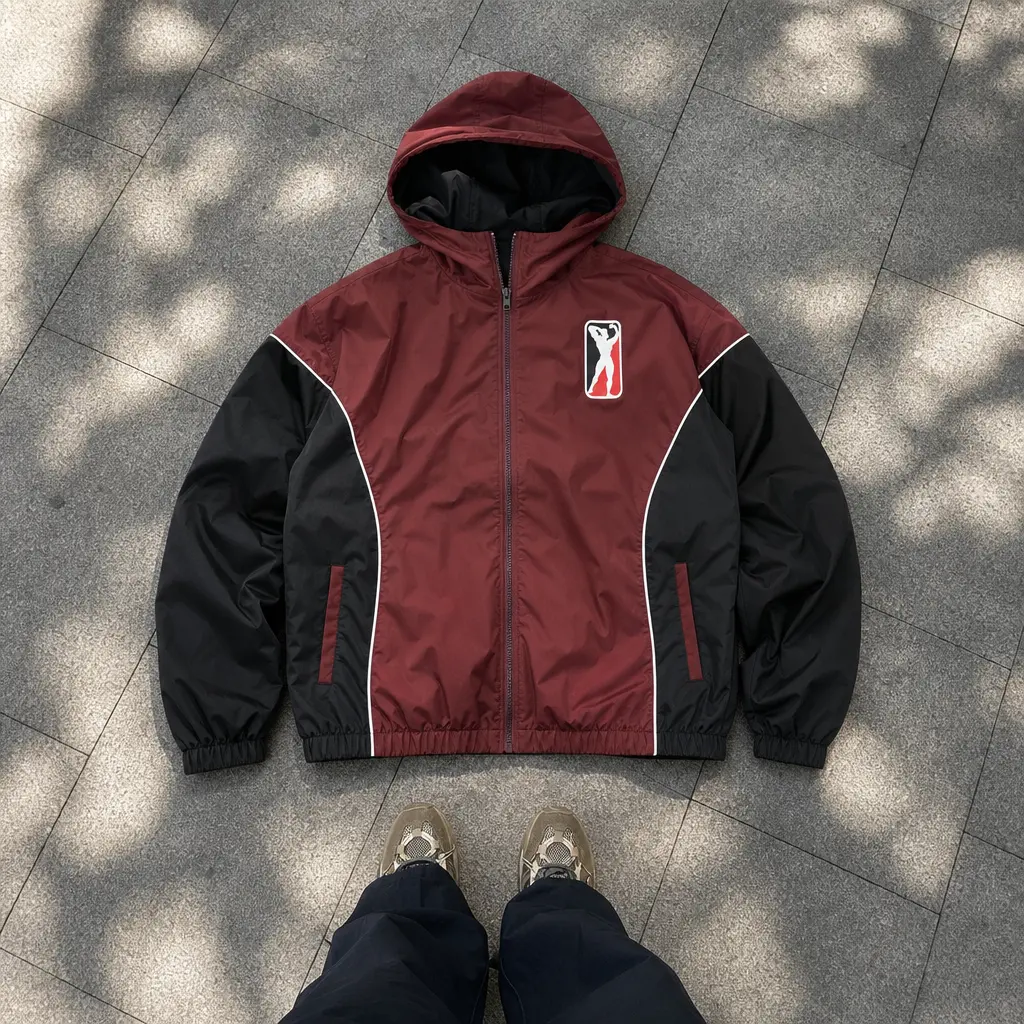 Veiskor men's American retro color-block hooded windproof sports jacket with burgundy and black contrast and basketball embroidery