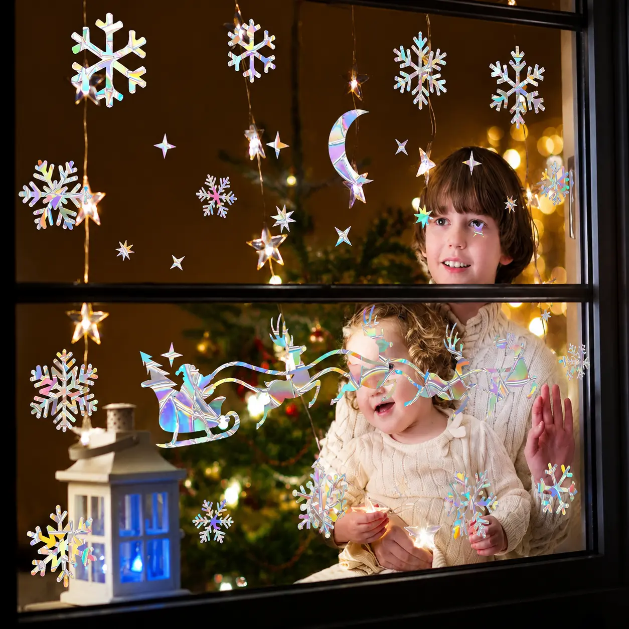 2 Sheets Prismatic Christmas Static Window Clings, Anti-Collision Bird Alert Rainbow Holographic Window Decals, Santa Reindeer Sleigh, Moon Star & Multi-Size Snowflake Winter Glass Stickers for Xmas Home Decor