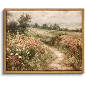 Framed Canvas Wall Art,Vintage Decor,Landscape Nature Country Wildflower Paintings Cottagecore Pictures Modern Artwork Rustic Fall Flower Prints Farmhouse Office Living Room Bedroom Bathroom