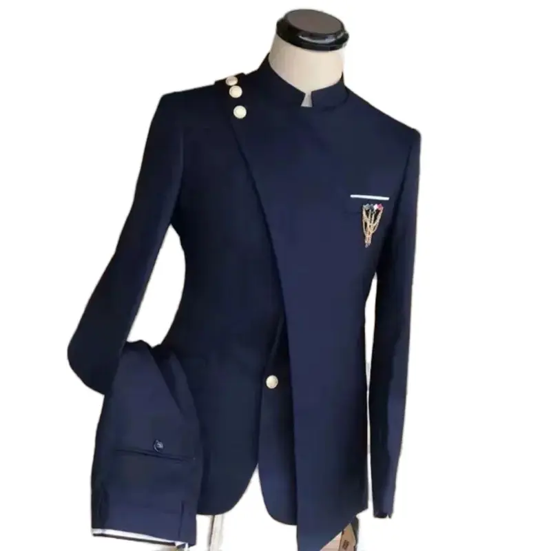 Fashion Style Men's Stand Collar Two-Piece Business Suit Plus Size Single Breasted Banquet Reception Blazer Pant Navy Blue