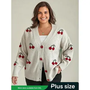 Plus Size Women’s V-Neck Loose Knit Cardigan with Cherry Blossom Pattern, Casual Button-Front Sweater for Spring and Autumn