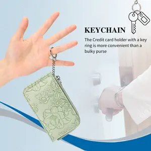 Women's Mini Card Holder Keychain Wallet with Embossed Pattern Zippered Coin Pocket Compact Portable Card Storage Pouch for Everyday Use