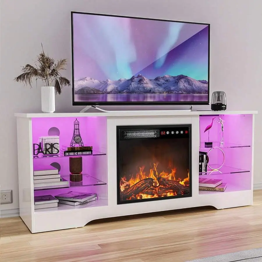 Sturdy Classic Rectangular Media Console Fireplace Stand, 18in Fireplace, Modern 70in Max TV Entertainment Center, LED Light & Plug, Wall-Mounted Floating Design, Ships in 2 Packages (Muebles Para Sala Excluded per Literal Translation Fix)