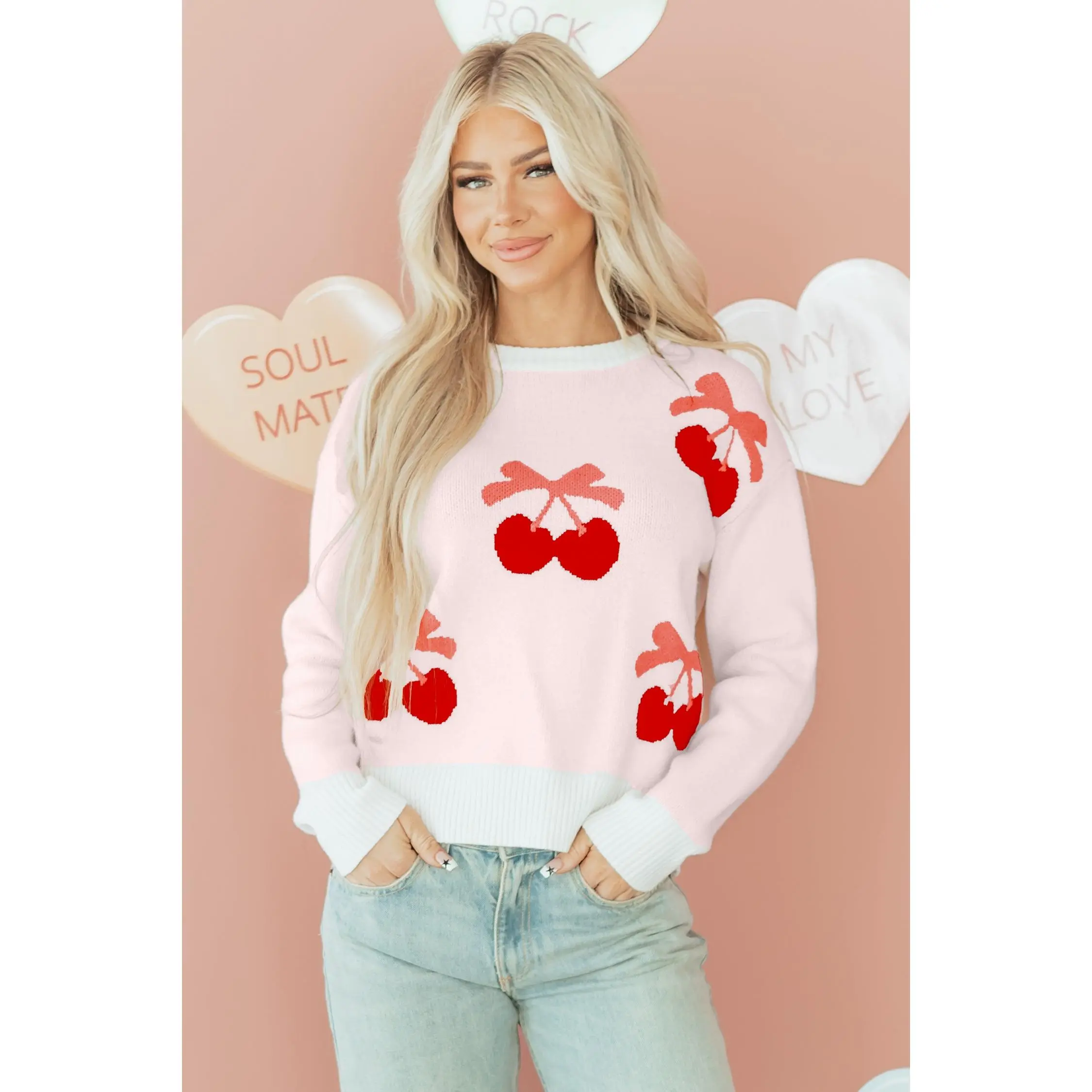 Women's Clothes, Casual Round Neck Sweater with Cherry Graphic, Knit Drop Shoulder Longsleeves Pullover for Loose-Fitting Wear, Tops