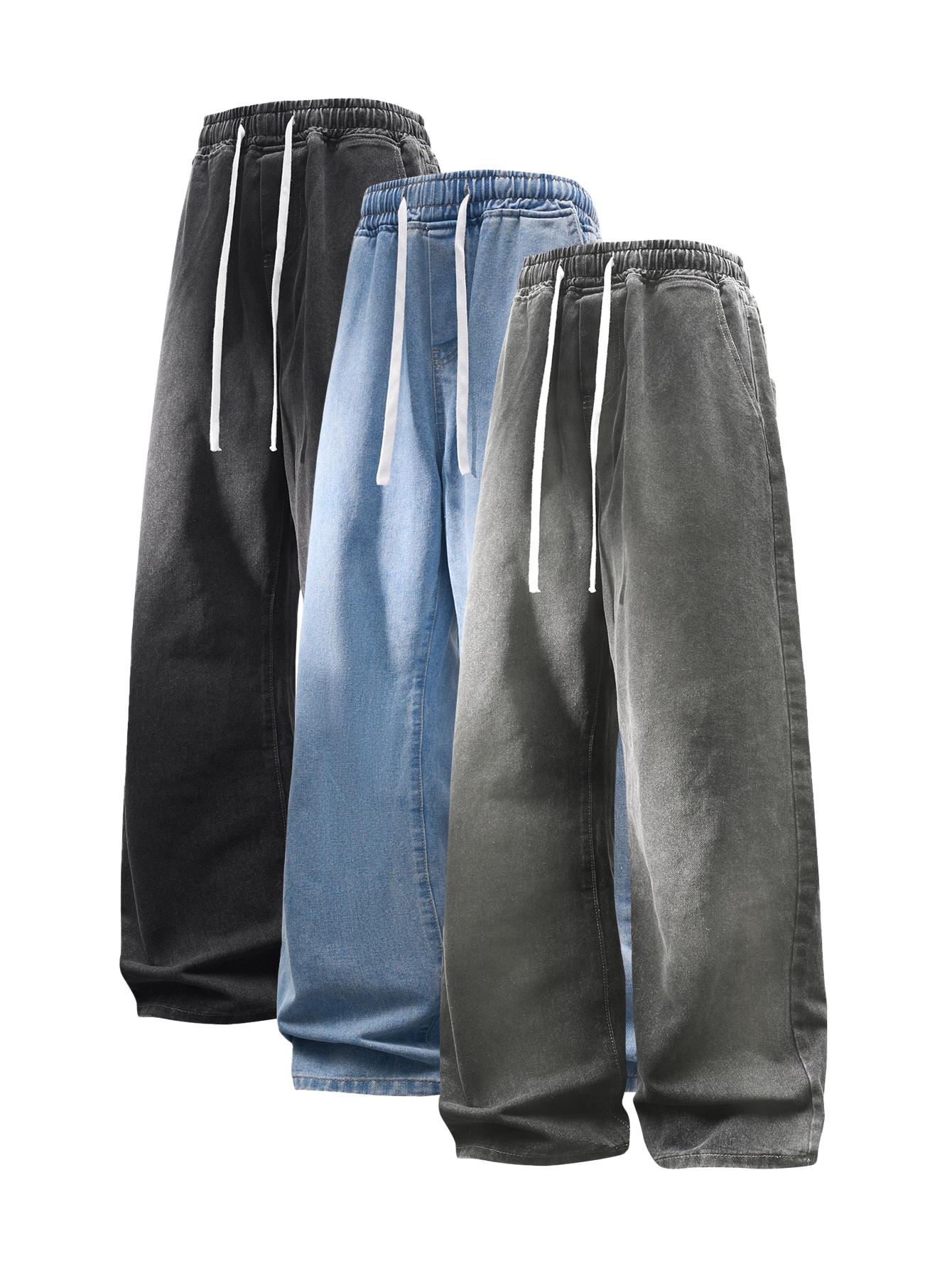 CCCMAI Men’s Vintage Loose Jeans Black Smoke Gray Blue Versatile Fashion Loose Jeans Menswear Streetwear Denim Pants Trouser Plain Pocket