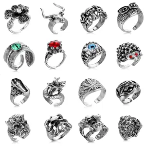 Gothic Punk Vintage Silver Ring Set for Men Women, Adjustable Open Skull Dragon Evil Eye Biker Ring, Retro Hip Hop Tarnish Resistant Fashion Jewelry
