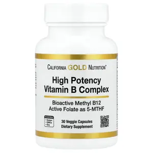 California Gold Nutrition High Potency Vitamin B Complex with Methyl Folate & Methyl B12, 30 Veggie Capsules