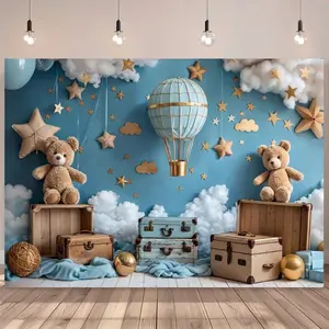 1pc, 5*3FT/5*7FT Travel-Themed Birthday Party Backdrop Banner Featuring Dolls, Blue Sky, White Clouds, Hot Air Balloons, And Suitcase Designs, Suitable for Shower And Birthday Party Decorations, Portrait Photography Background Made of Vinyl