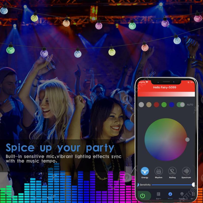 Solar LED String Lights, 25 RGB Color Changing Bulbs, Bluetooth App Control, IP65 Waterproof, 8 Scene & 4 Music Modes, 15ft Globe Lights for Patio, Backyard, and Party Decor