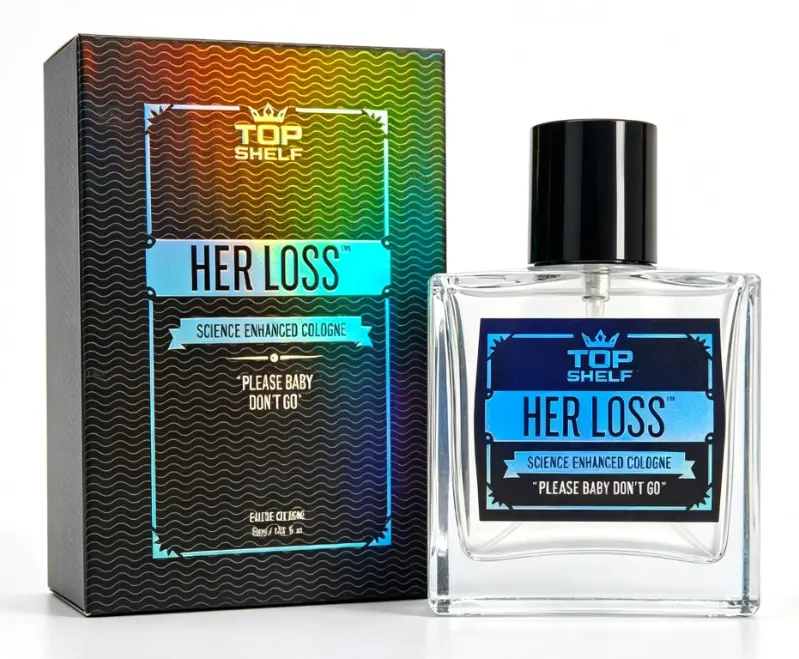 Top Shelf HER LOSS Eau de Cologne For Men 60ml Clear Square Bottle Matte Black Cap Fresh Citrus Lavender Sea Salt Woody Scent, 5–8 Hour Long Lasting Viral Trendy Masculine Fragrance Holographic Iridescent Gift Box For Boyfriend Birthday Valentine Gift