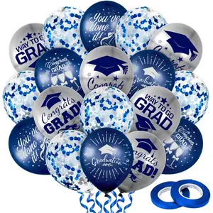 60Pcs Graduation Party Balloon Set 7 Designs Confetti Latex Balloon with 2 Rolls Ribbon Class of 2026 Grad Cap Congrats Grad Balloons for Graduation Party Decor Supplies (Navy Blue, Silver)
