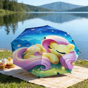 Portable folding umbrella The umbrella features a colorful character with flowing pink hair, closed eyes, and a peaceful expression against a backdrop of a starlit sky. The character depicted is Fluttershy. Suitable for daily travel use, holiday Gift