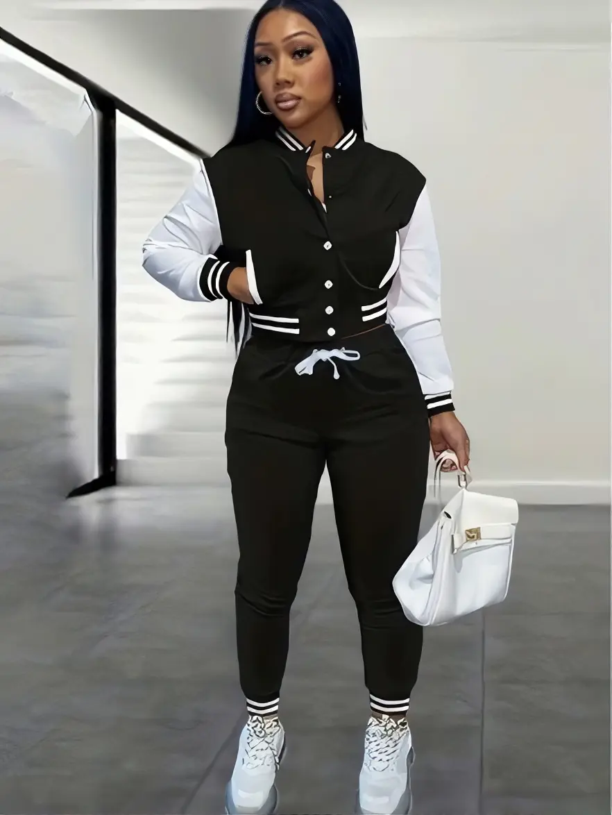 Women 2 Piece Outfits Color Block Cropped Varsity Jacket & Drawstring Jogger Pants Set Long Sleeve Button Down Baseball Coat Casual Sport Tracksuit for Daily Streetwear Dating Shopping