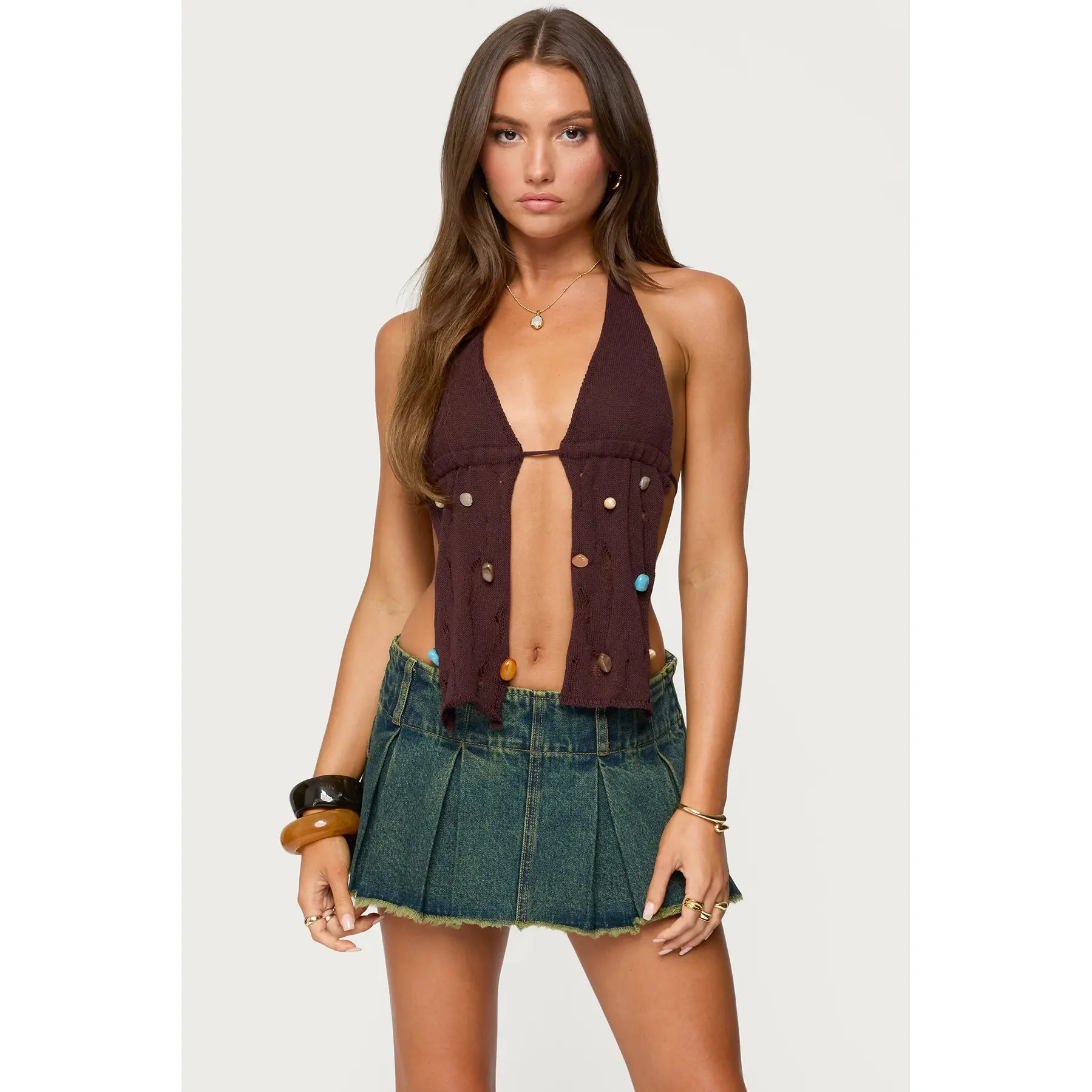 Beaded Distressed Knit Split Front Top Beaded Distressed Knit Split Front Top