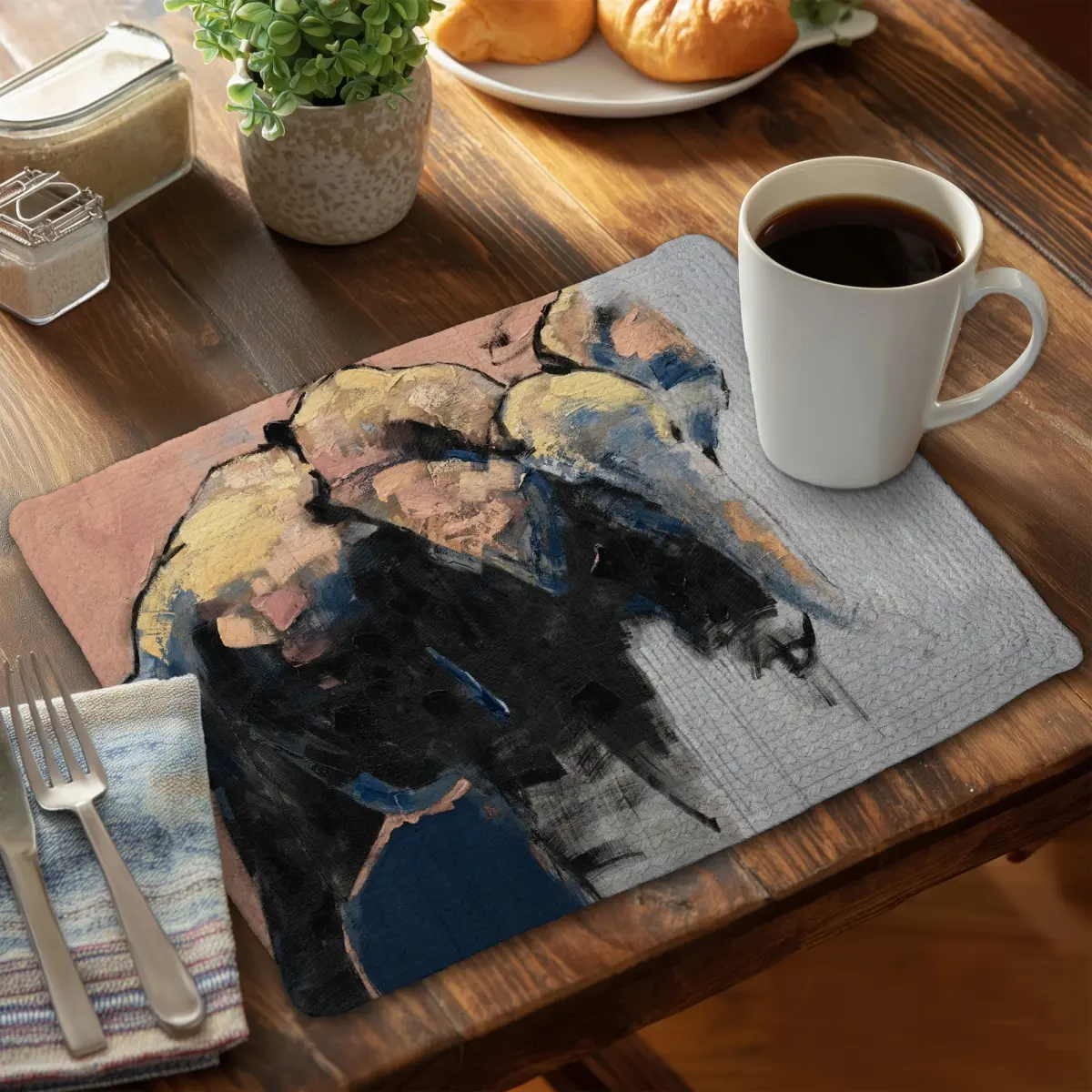 360 stand Rectangular Elephant Print Placemats and Coasters Set (6 Pieces) - 14x18 in Braided Polyester, Stylish Abstract Design, Indoor/Outdoor Home Kitchen Decor, Tableware, Animals, Rectangle, Vibrant, Artistic