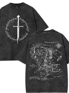 valentine shirts Men's Retro Washed Short Sleeve T-Shirt - Medieval Fantasy Map and Sword Design, Soft and Breathable Cotton Loose Casual T-Shirt with Fantasy Map Print, RPG Inspired Adventure Shirt for Gamers and History Lovers