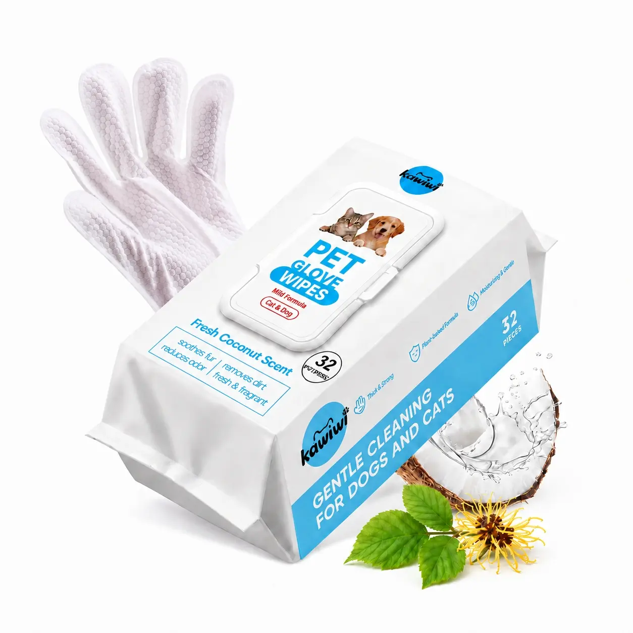 Kawiwi 32-Count  Disposable Pet Grooming Wipes, Coconut-Scented No-Rinse Grooming Mitts for Coat Cleaning and Loose Hair Removal, Sticky Hair Control,Travel-Friendly Dog Cleaning Wipes