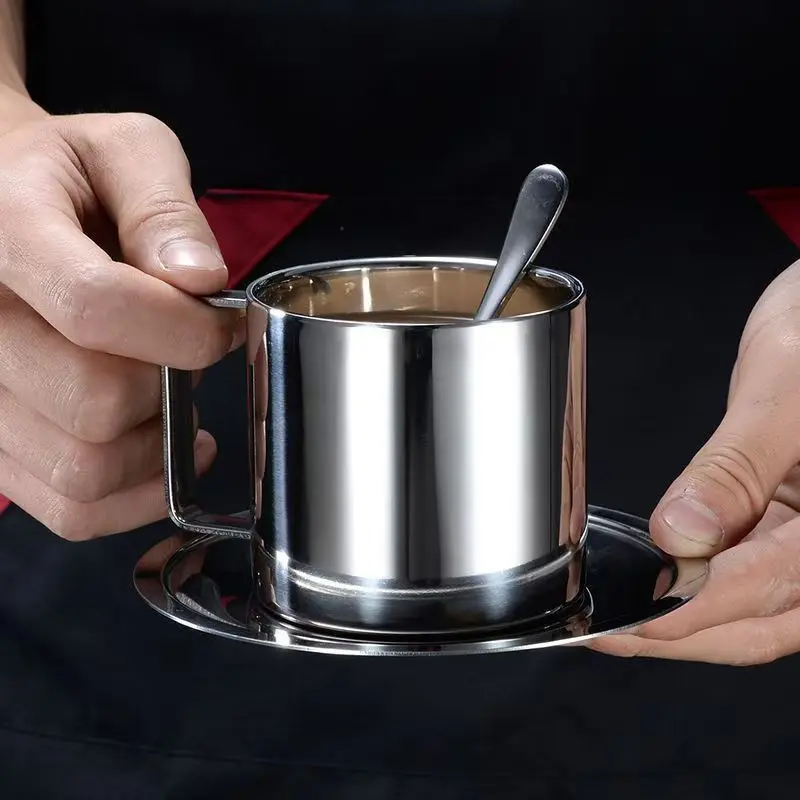 304 Stainless Steel Insulated Coffee Cup Mug Set, Includes Spoon and Tray, Ideal for Home, Café, Restaurant, 6.09oz/6.76oz/9.47oz, Insulated Espresso Cups, Stainless Steel Cups