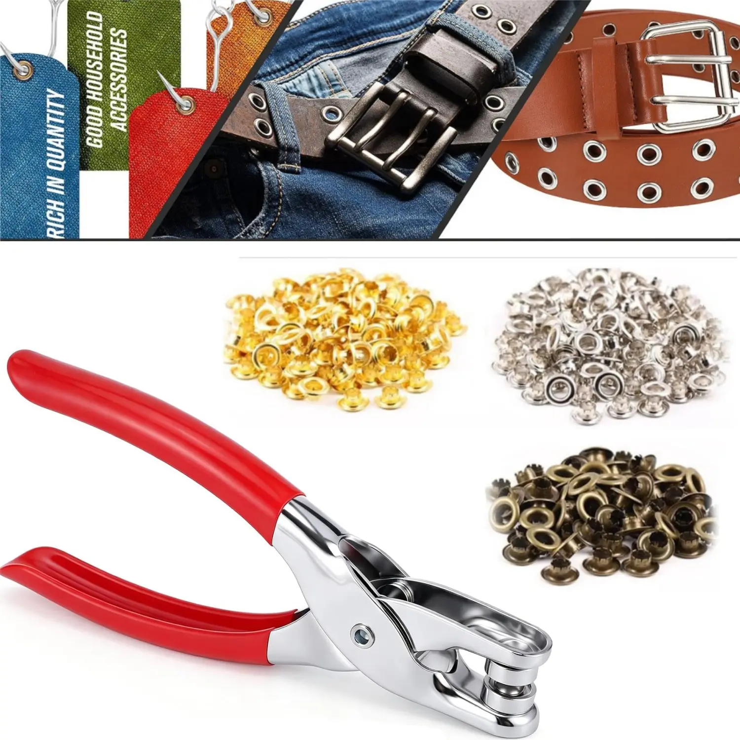 301-Piece Grommet Eyelet Plier Tool Set, 1/4 in Classic Handheld Puncher with Coppery, Gold, Silver Metal Eyelets for Fabric, Leather, Belts - Home Improvement Building Supplies, includes 300pcs
