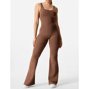 Slim Fit Hip Raise Jumpsuit Sexy Backless Exercise Yoga Clothes in Black Polyester Tight-Fitting Jumpsuit for Women - Brown Color Available