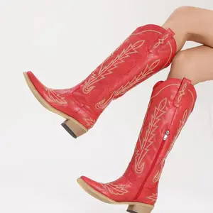 【Rodeo Boots】Women's Black Western Cowboy Boots with Intricate White Stitching, Pointed Toe, Side Zipper Closure, and Chunky Heel - Fashionable Cowgirl Footwear Perfect for Casual Outings, Rodeo Competitions, Western - Themed Gatherings, and Daily Styling