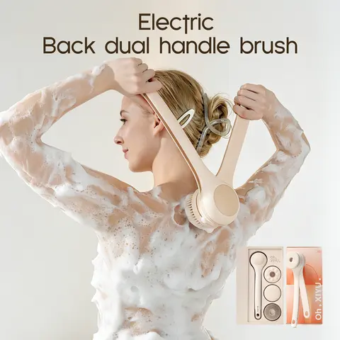 OhXIYU Silicone & Bristle Electric Body Brush - Dual-Handle Waterproof Spin Exfoliating Tool, Spa Luxury Body Care Accessory Set for Bacne Care & Stress Relief, Rechargeable 3-Piece Skin Health Kit (2 Months Daily Use, Ideal Gift), Body Care Tool