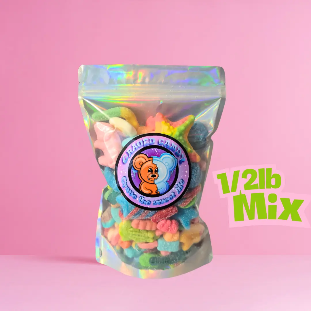 1/2lb Crave Gummy Mix | Sweet & Sour Assorted Gummies with Sour Blue Raspberry, Filled Gummies, Rainbow, Watermelon, Cherry, Bubblegum, Cotton Candy