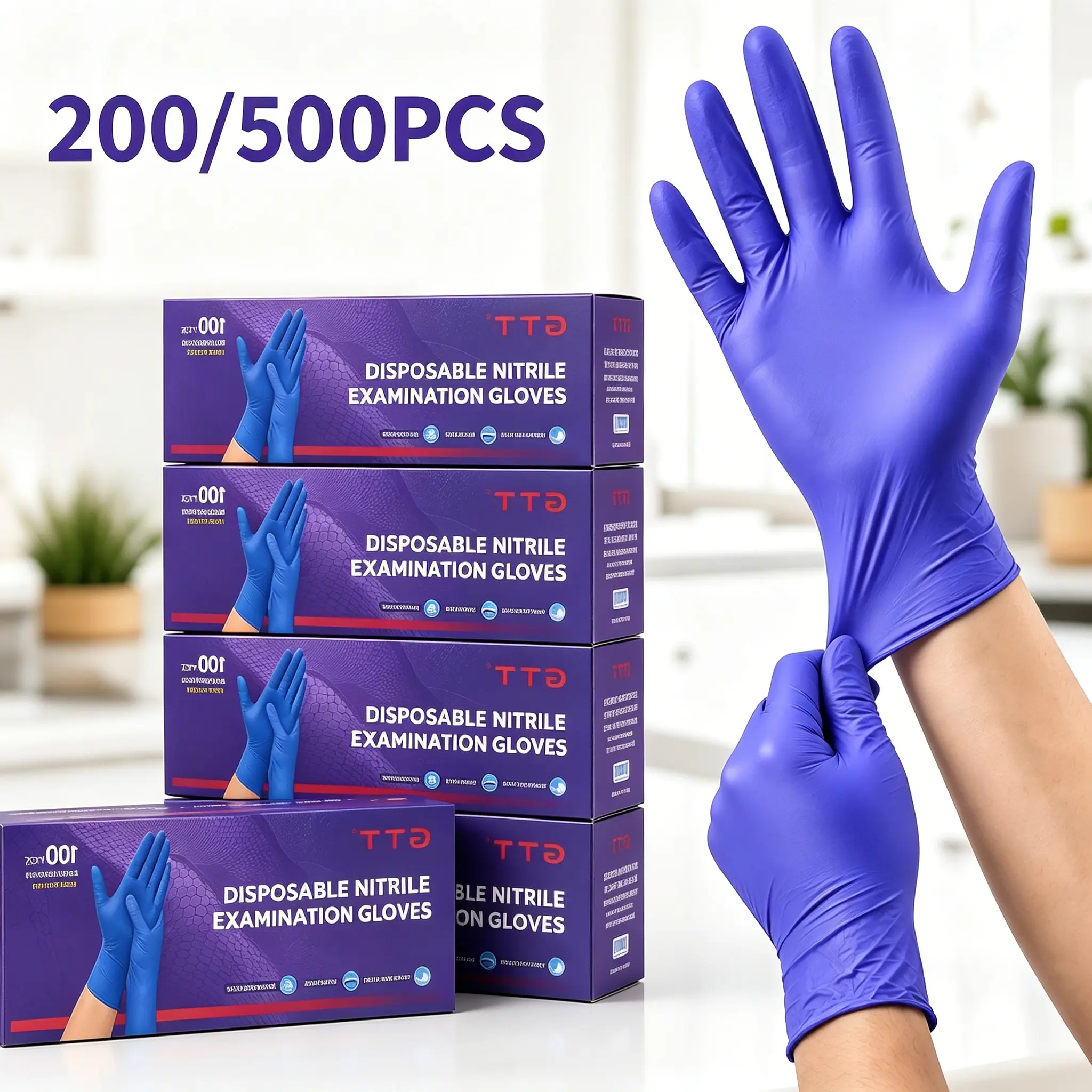 Violet Nitrile Hand Gloves Pack, 200/500 Pcs, 5.5Mil Heavy Duty, Puncture Resistant, Waterproof, Textured Fingertips, Touch Screen Compatible, Food Grade for Kitchen, Household Cleaning, Mechanical Repair