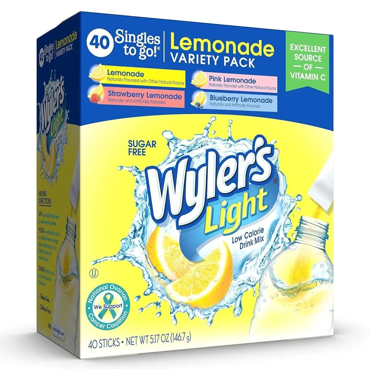 Wyler's Light Lemonade Variety Pack, 40 ct Singles to Go Powder Packets, Water Drink Mix, Variety Pack, Pink, Strawberry & Blueberry Lemonade, Sugar & Caffeine Free, On-The-Go,(Pack of 1)