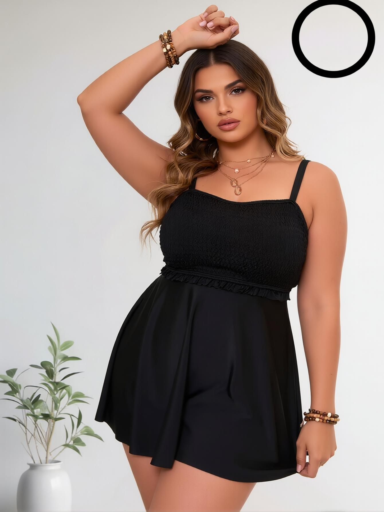 Plus Size Swimsuit with Pockets 1XL-4XL | Black Smocked Skirted One Piece Tummy Control Spring Break 2026 Casual Womenswear Dress Summer Basic Sleeveless