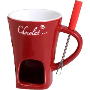 Multifunctional Ceramic Chocolate Hot Pot Cup Set, Portable Fondue Cup Easy to Use, Suitable for Candle Heating, Creative Dessert Tools With Fork, Gift Selection (Red)