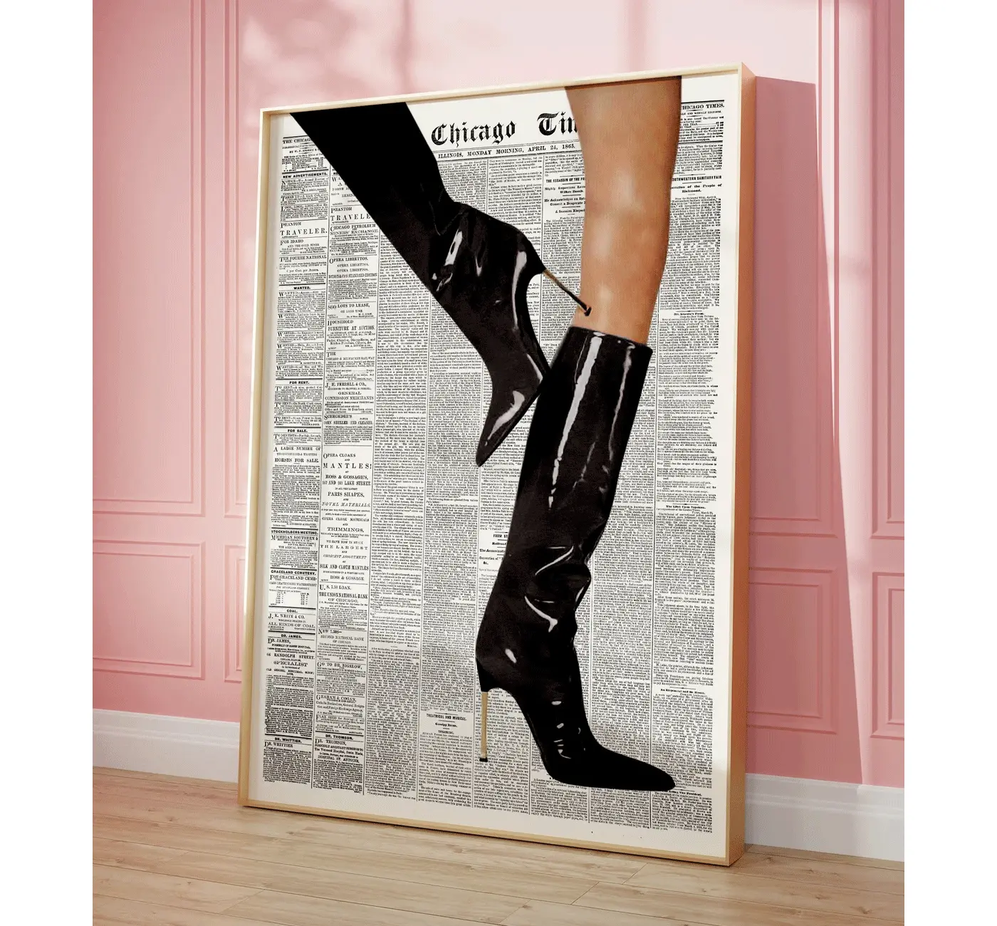 Retro Boots Newspaper Print, Trendy Wall art Poster, Red Boots  Fashion Icon Poster, Black and white Wall art, Retro Art