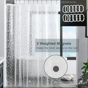 1 thickened PEVA transparent 3D pebble shower curtain with metal snap eyes at the top and magnet weights at the bottom. Multiple sizes are available. Suitable for bathrooms, rooms, shower curtains, partitions, hotels. Widely applicable.