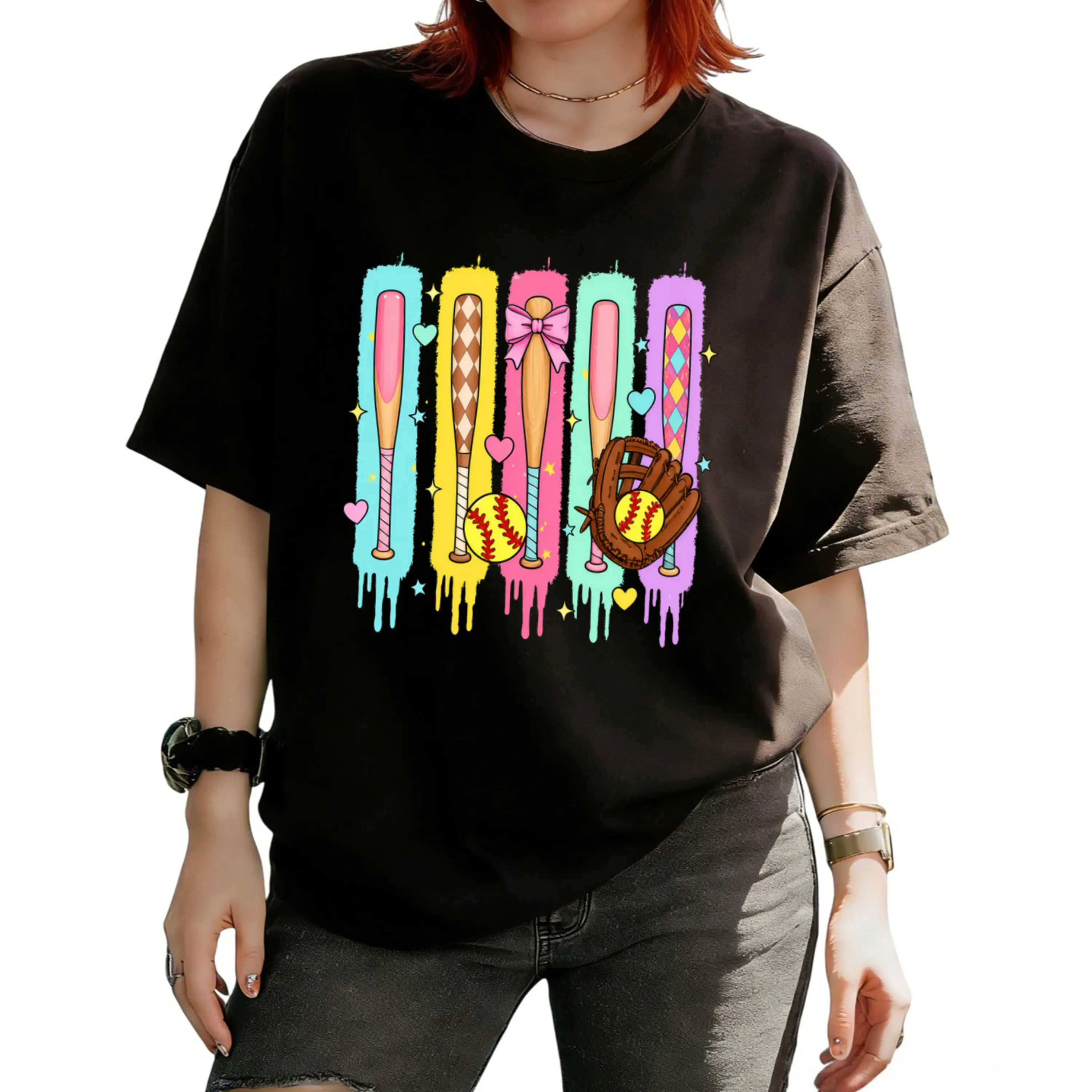 Softball Baseball T-Shirt, Game day tee, Colorful Paint Drip Baseball Bats Shirt, Cute Coquette Bow Softball Mitt Tee, Retro Summer Graphic White Top