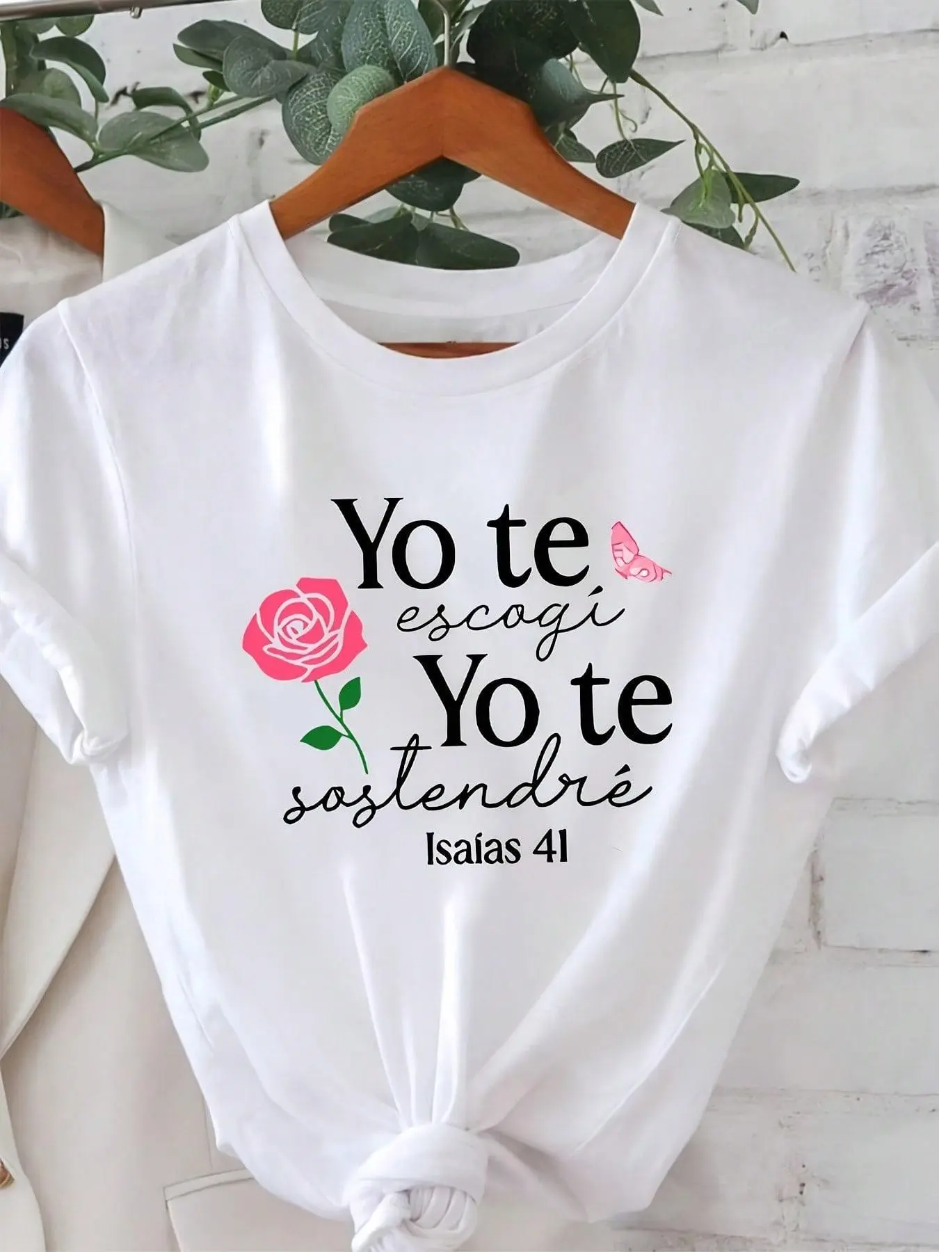 [Festival-Oriented]Valentine's Day Spanish "Yo Te Escogí Yo Te Sostené Isaías 41" Text Print Women's Round Neck Spring And Summer Short-Sleeved T-Shirt, Casual Shopping Festival Gift, Friend Gathering Wear