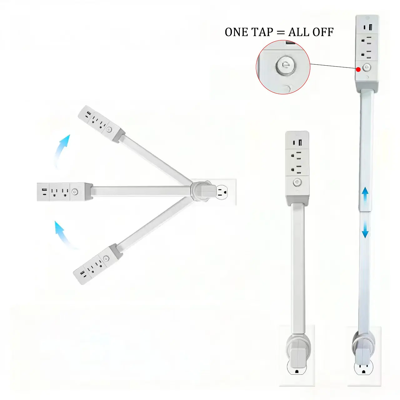 EAZY Electrical Outlet Extender - 3-in-1 Telescopic Rotating Wall Tap with 180° Swivel, Independent Power Switch, USB Ports, Surge Protection, Fire Hazard Prevention, Multifunctional Socket