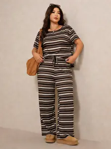 Women's Plus Size Striped Print Drop Shoulder T-Shirt & Long Pants Sleepwear Set, Comfortable Home Wear, Casual Fashion Night, Pajama Set