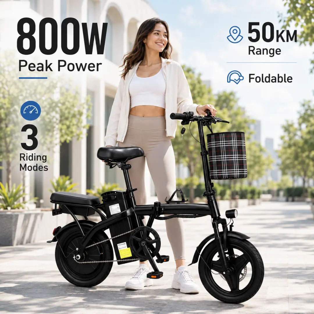 Adult Folding Electric Bike - Compact Commuter E-Bike with 800W Peak Motor, 50KM Range, Portable Design, and Long-Lasting Battery Foldable