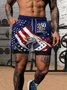 Men's 2‑in‑1 Quick Dry Sports Shorts 250 Years of America Eagle American Flag Star Stripe Print Drawstring Casual Summer Gym Workout Shorts Trunks