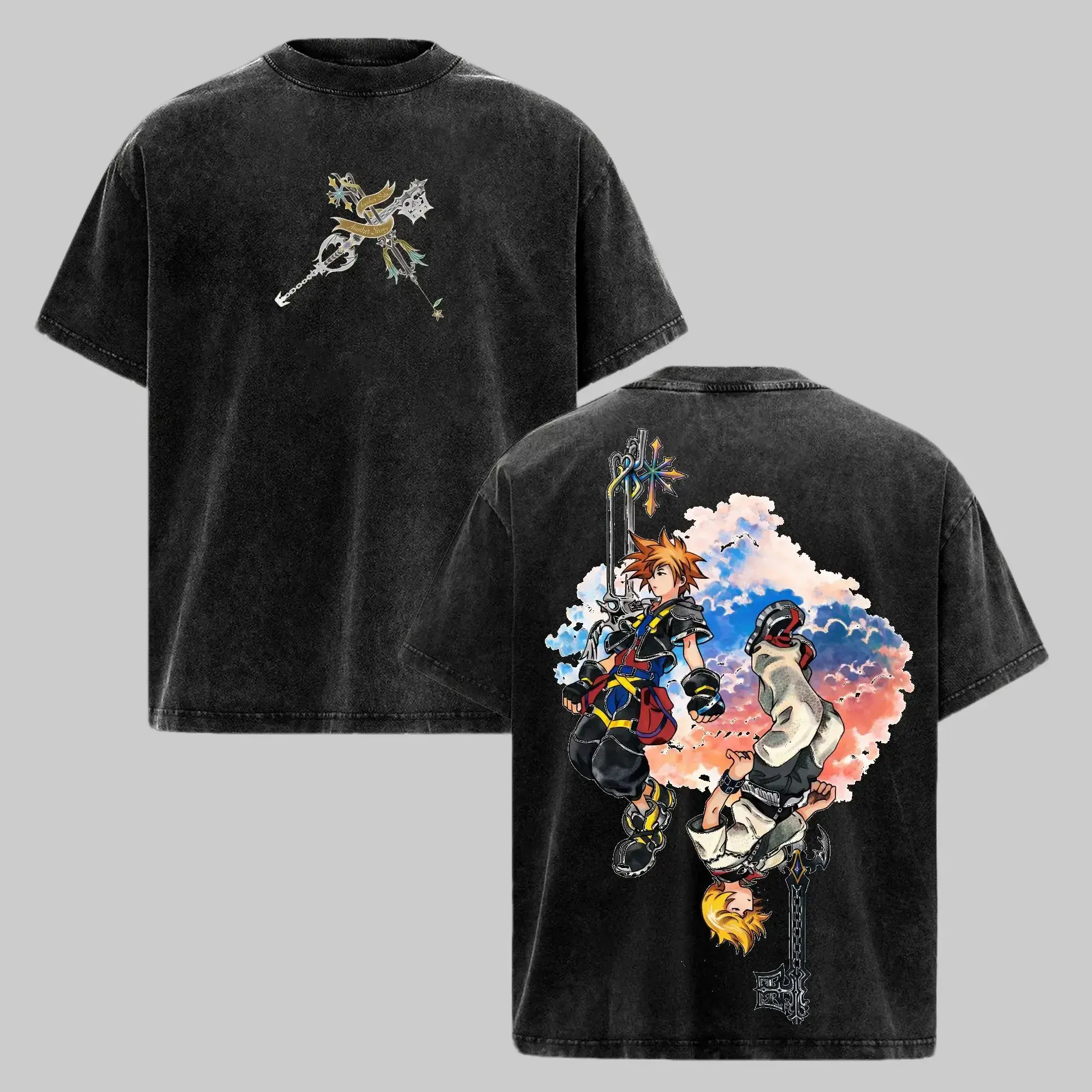 Kingdom Hearts Sora & Roxas Duality Graphic Tee | Vintage Washed Heavyweight Oversized JRPG Shirt | Flat Print Black/Gray Anime Pump Cover | Epic Streetwear Gamer Gift for Father's Day 2026