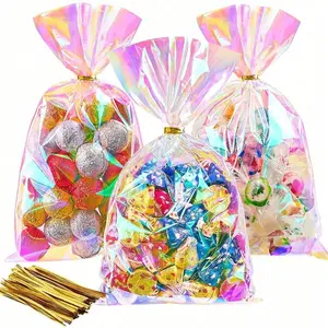 50pcs Transparent Glass Paper Gift Bags, Colorful Reusable Plastic Bags, Suitable for Mugs, Desserts, Muffins, Breads, Chocolates, Snacks, Gift Wrapping Supplies