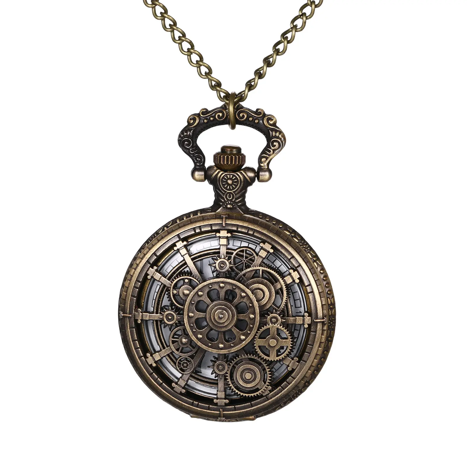OIDEA Unisex Steampunk Geared Half-Hunter Fob Pocket Watch - Unique Skeleton Arabic Numeral Dial, Embossed Hollow Carving, Long Chain, Mechanical Style, Male Gift Fashion Accessory Jewelry