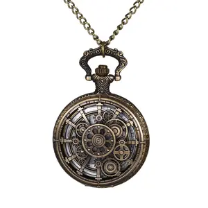 Steampunk Gear Pocket Watch: Men Women Skeleton Arabic Numeral Dial Embossed Hollow Carving Fob Half Hunter Timepiece With Chain