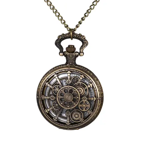 OIDEA Unisex Steampunk Geared Skeleton Pocket & Fob Watch, Half-Hunter Case with Arabic Numerals, Long Chain Necklace Jewelry, Unique Gifts for Adults, Anniversaries