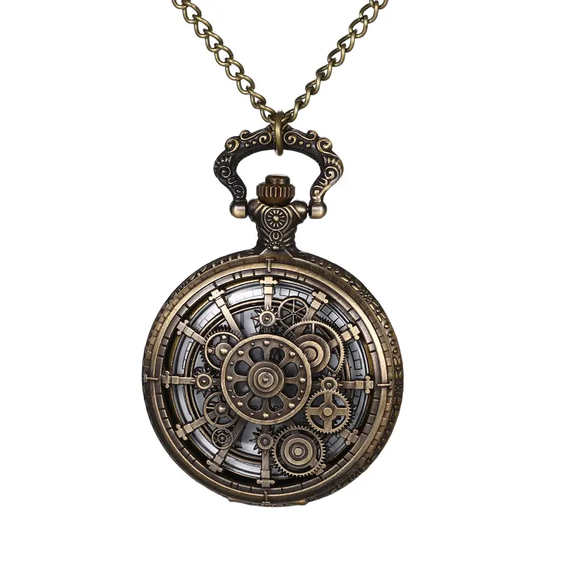 OIDEA Unisex Steampunk Geared Skeleton Pocket & Fob Watch, Half-Hunter Case with Arabic Numerals, Long Chain Necklace Jewelry, Unique Gifts for Adults, Anniversaries
