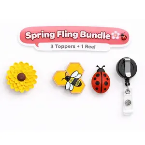 Spring Fling Magnetic Badge Reel Bundle with 3 Interchangeable Nurse Badge Toppers Sunflower Bee Ladybug Design